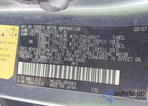 2007 Toyota Highlander Limited V6 from USA, damaged, VIN JTEDP21A170144971